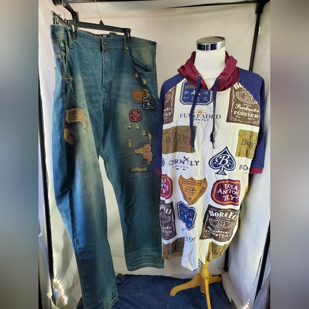 BORN FLY MEN HOODIE5XL/DENIM JEANS52/35 SET EUC